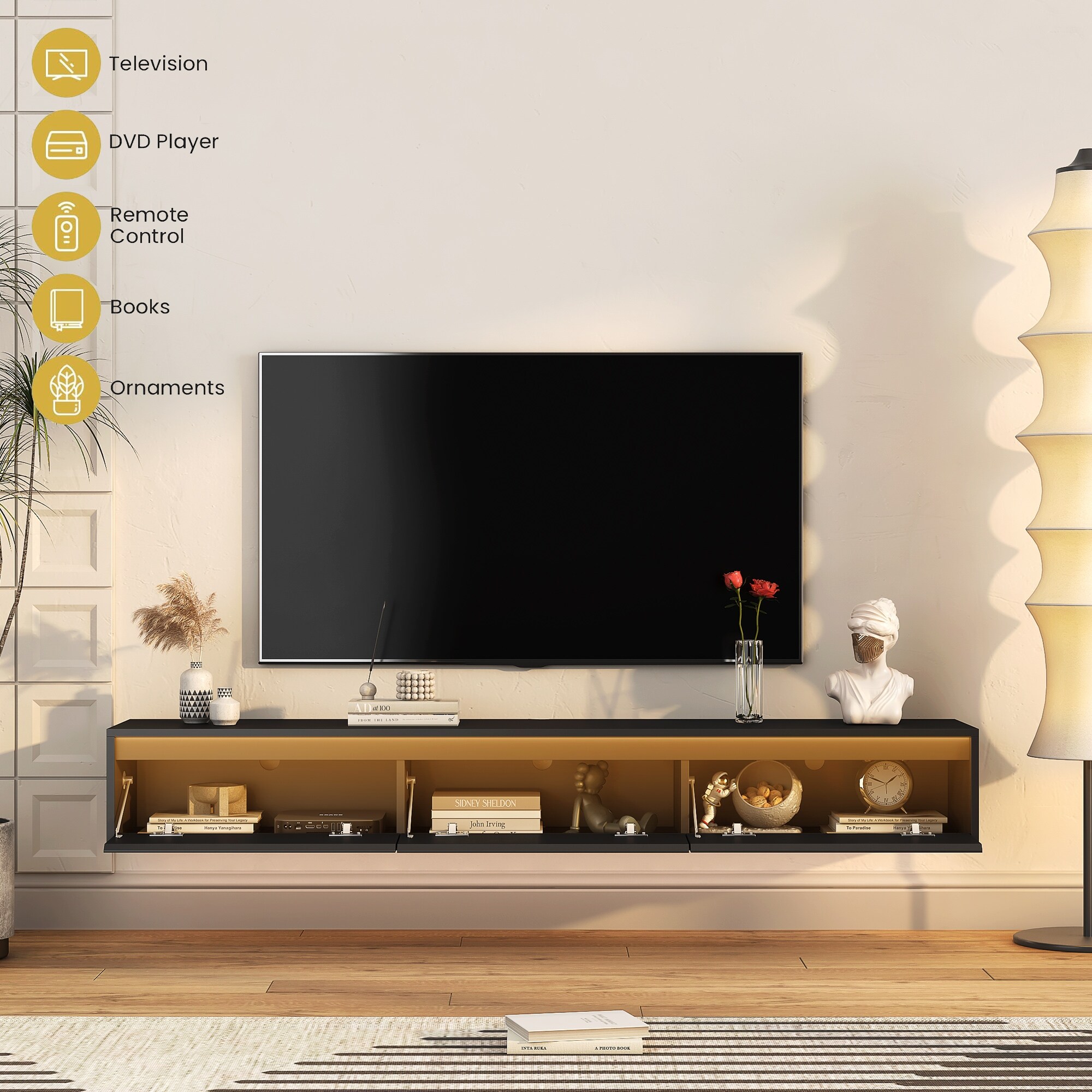 Fireplace Tv Stand Wampat 70 Inch Floating TV Stand Wall Mounted With Storage For Living Room, Black 65 Inch Smart Tv