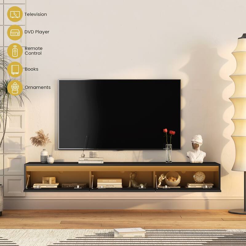 Modern Floating Wall-Mounted TV Stand with High-Gloss TV Stand, featuring LED Lights and Power Outlets, for Living Rooms