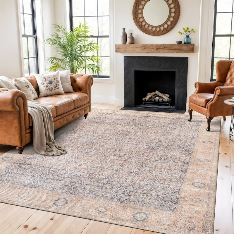 Vintage Washable Subtle Pattern Area Rug, Perfect for Any Room - 7'7" x 9'6" - Blue