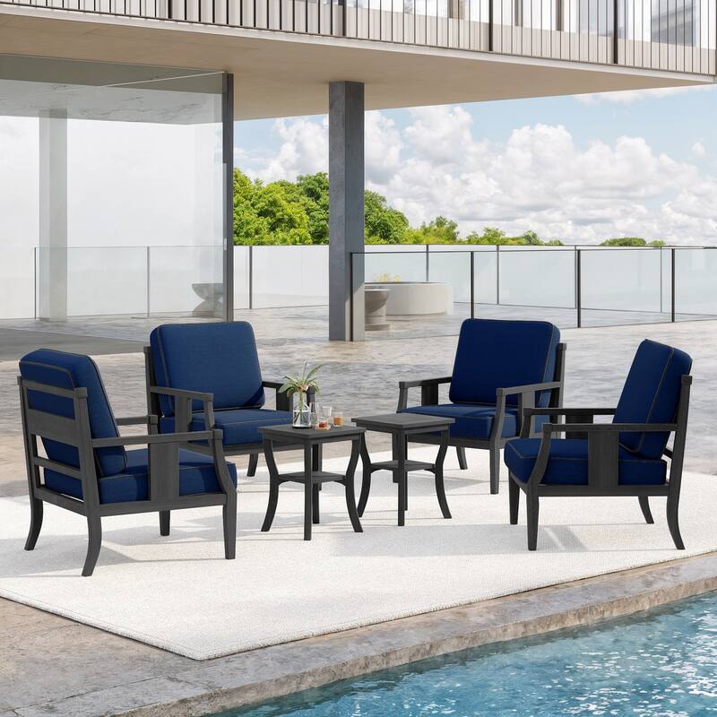 6-Piece Outdoor Teak Seating Set Armchair Patio Conversation Sets with 2 Tables, Cushion - Dark Wood - Navy