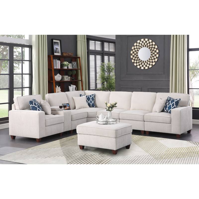 Modern Linen Sectional Sofa with Removable Back Cushions,Accent Sofa with Ottoman,Cupholder and USB port