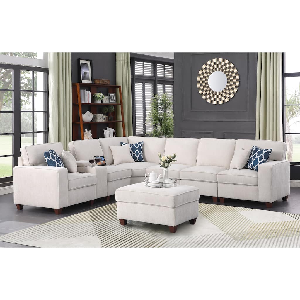 Modern Linen Sectional Sofa with Removable Back Cushions,Accent Sofa with Ottoman,Cupholder and USB port