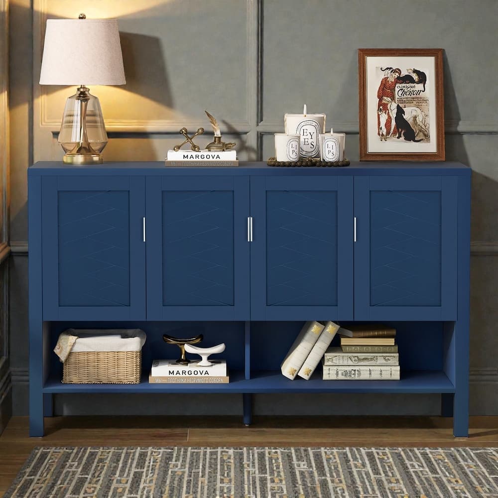 55.1" Modern Sideboard Buffet Cabinet with 4 Doors, Open Shelf, Adjustable Shelves & Side Hooks for Living Room or Dining