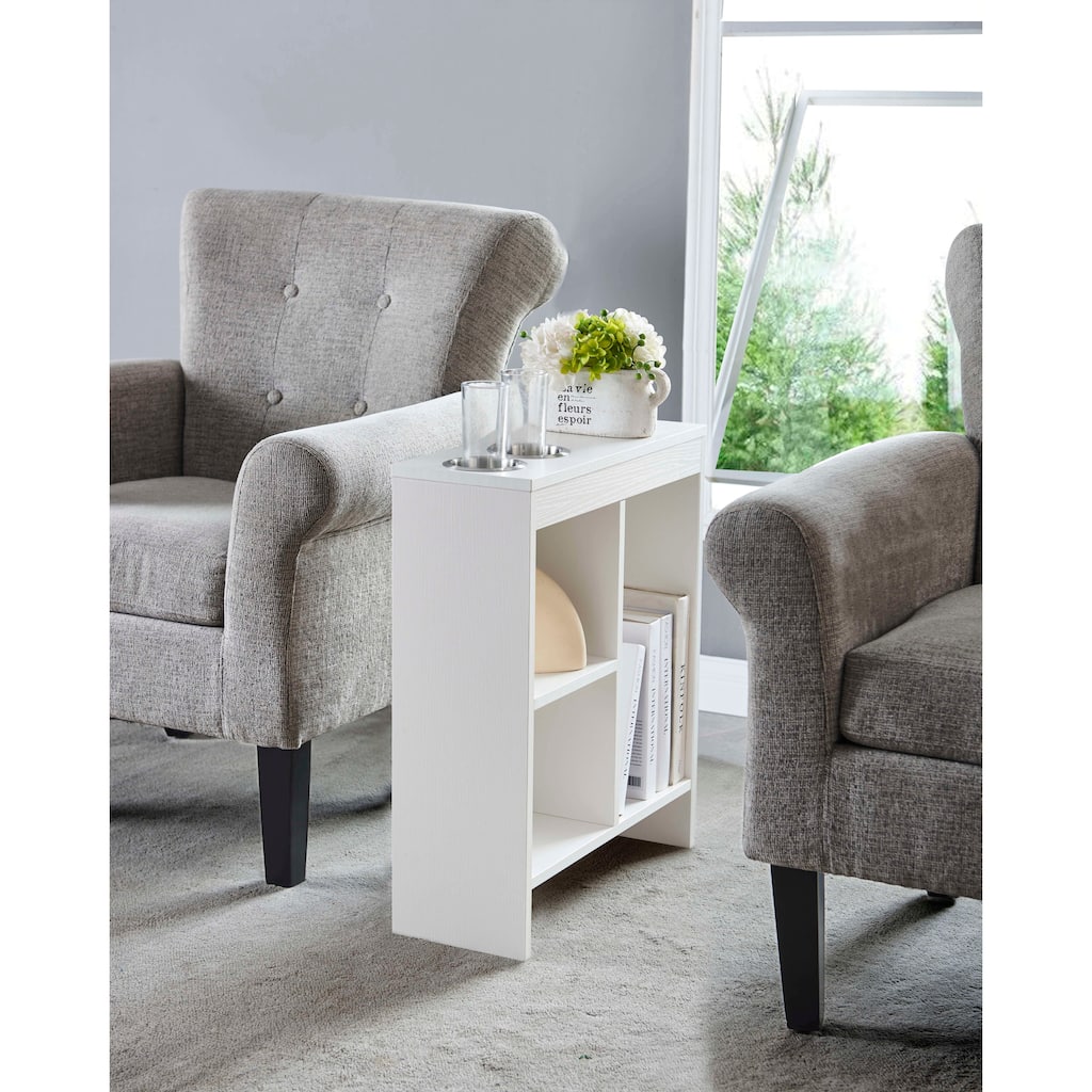 Slim Side Sofa End Table with Drink Holders and Built-in Shelving Magazine Holder, White