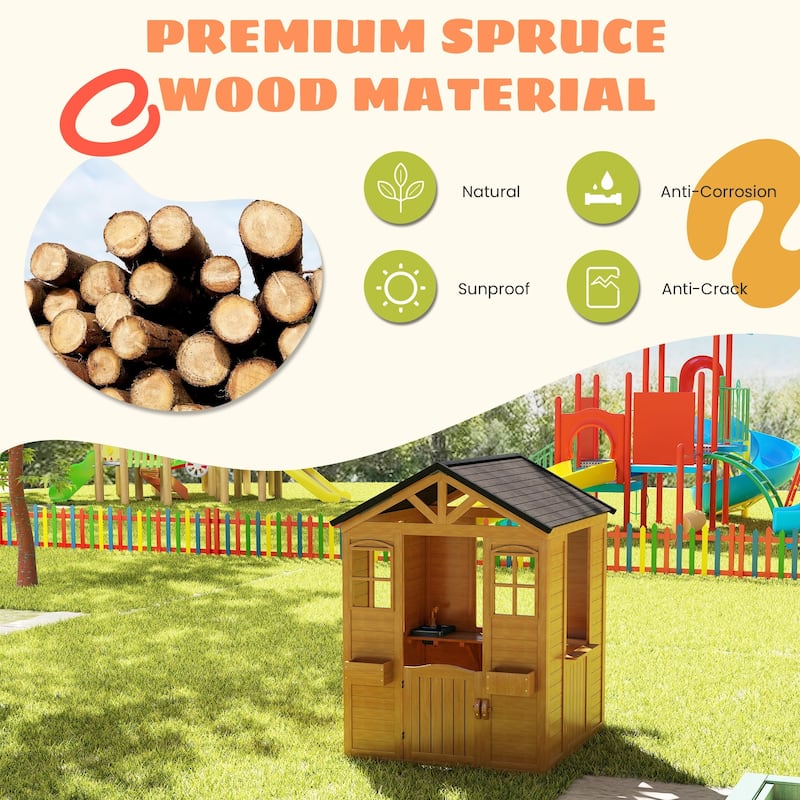 Wooden Adventure Cottage Playhouse for Kids with Working Door, Windows, Service Station, and Flower Pot Holders