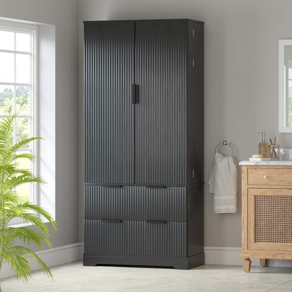 Roomfitters 72" Tall Fluted Kitchen Pantry Cabinet with 2 Large Deep Drawers & 8 Door Spice Racks