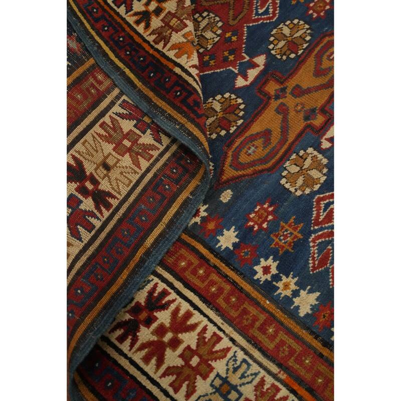 Hand Knotted Oriental 100% Wool Carpet Traditional Geometric Navy Blue & Blues Kazak Area Rug - 4' 7'' X 3' 6''