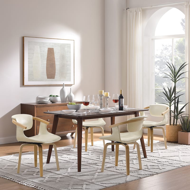 Art Leon Set of 4 Wood and Faux Leather Swivel Chairs - Off-White