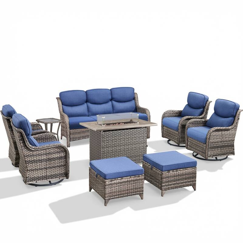 Pocassy Outdoor Fire Pit Sofa Swivel Chairs Ottoman Furniture Set