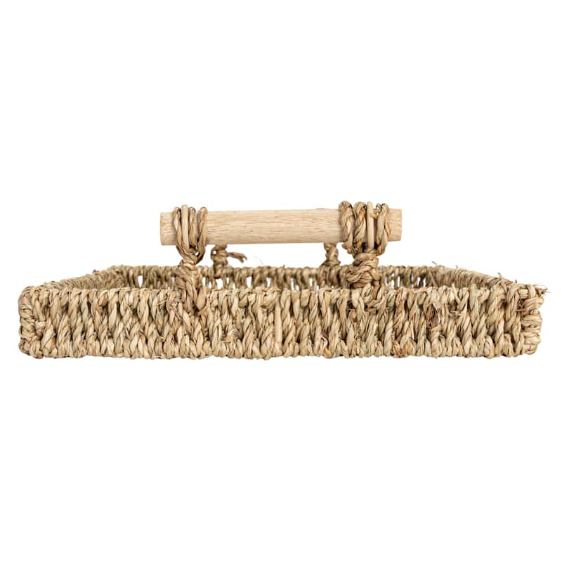 Household Essentials Handwoven Seagrass Tray Set with Wood Handles, Set of 2 - 15.7"L x 9.8"W x 3.1"H