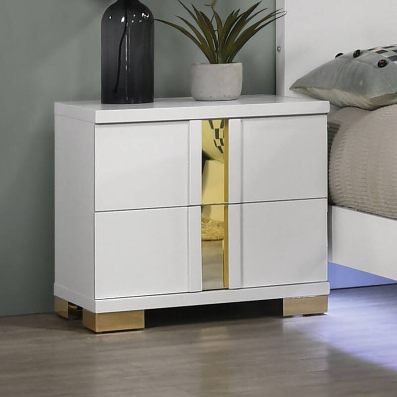 Nightstand with Acrylic Trim, Wooden Bedroom Coffee Table, Sofa Side Table with 2 Drawers & Bracketed Metal Legs