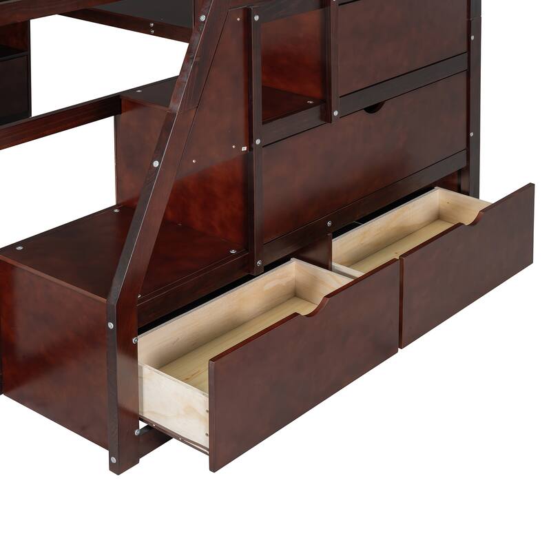 Espresso Full Size Wood Loft Bed with Drawers, Shelves & Desk