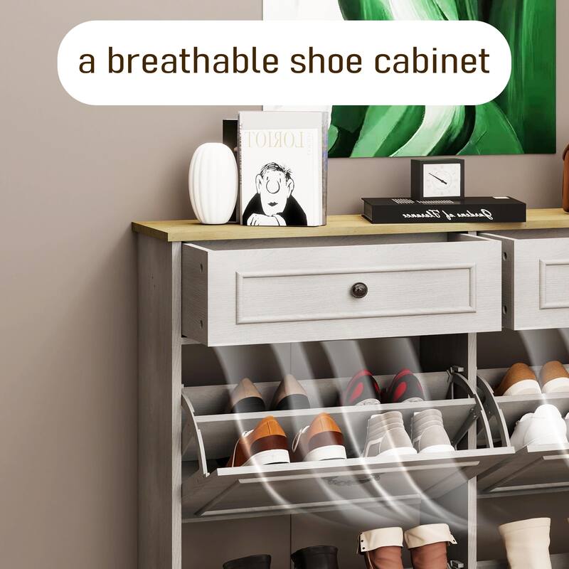 Slim Shoe Cabinet with 2 Drawers & 4 Flip Drawers, Shoe Rack with Adjustable Shelf, Freestanding Shoe Cabinet Organizer
