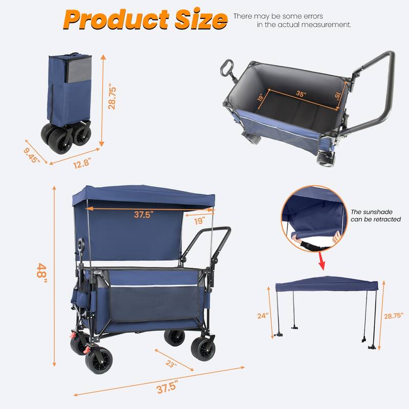 Multi-Functional Push-Pull Folding Wagon Cart with Rotating Handle & Canopy,7"x4"All-Terrain Wheels & Brakes,300L Large Capacity