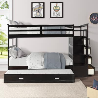 Hardwood Twin Over Twin Bunk Bed with Trundle and Staircase