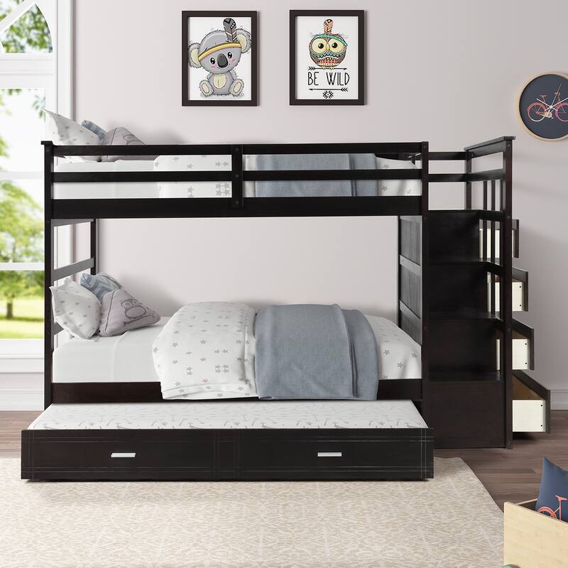 Twin Over Twin Bunk Bed with Trundle and Staircase - Espresso