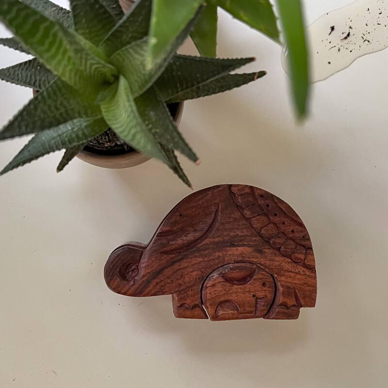 Handmade Mama and Baby Elephant Sheesham Wood Puzzle Box