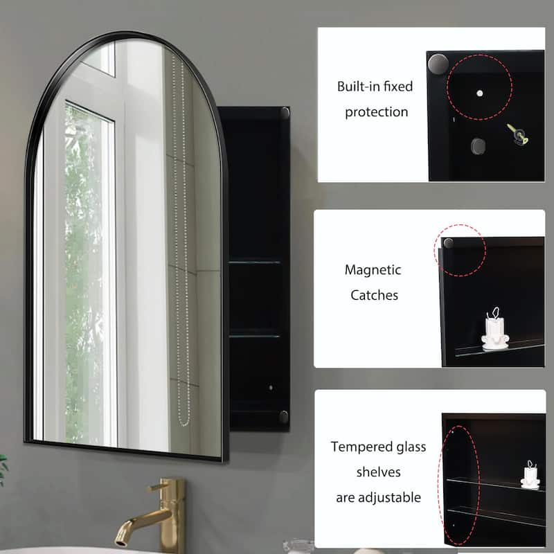 24x36 Inch Arched Recessed Medicine Cabinet with Mirror and Adjustable Shelves