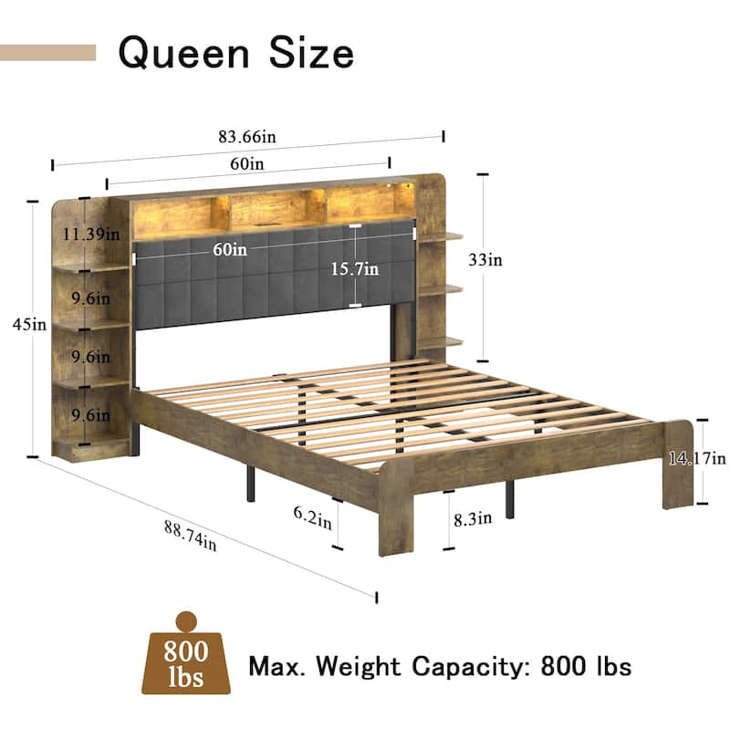 Brown Queen Size Platform Bed with Storage, LED Lights, and Charger