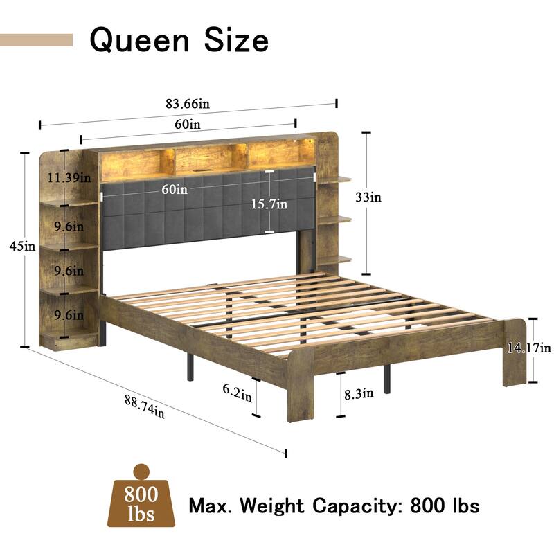 Queen bed Frame with Storage, Platform bed Queen Size with LED Lights and Charging Station,Headboard with Bookcase Shelves