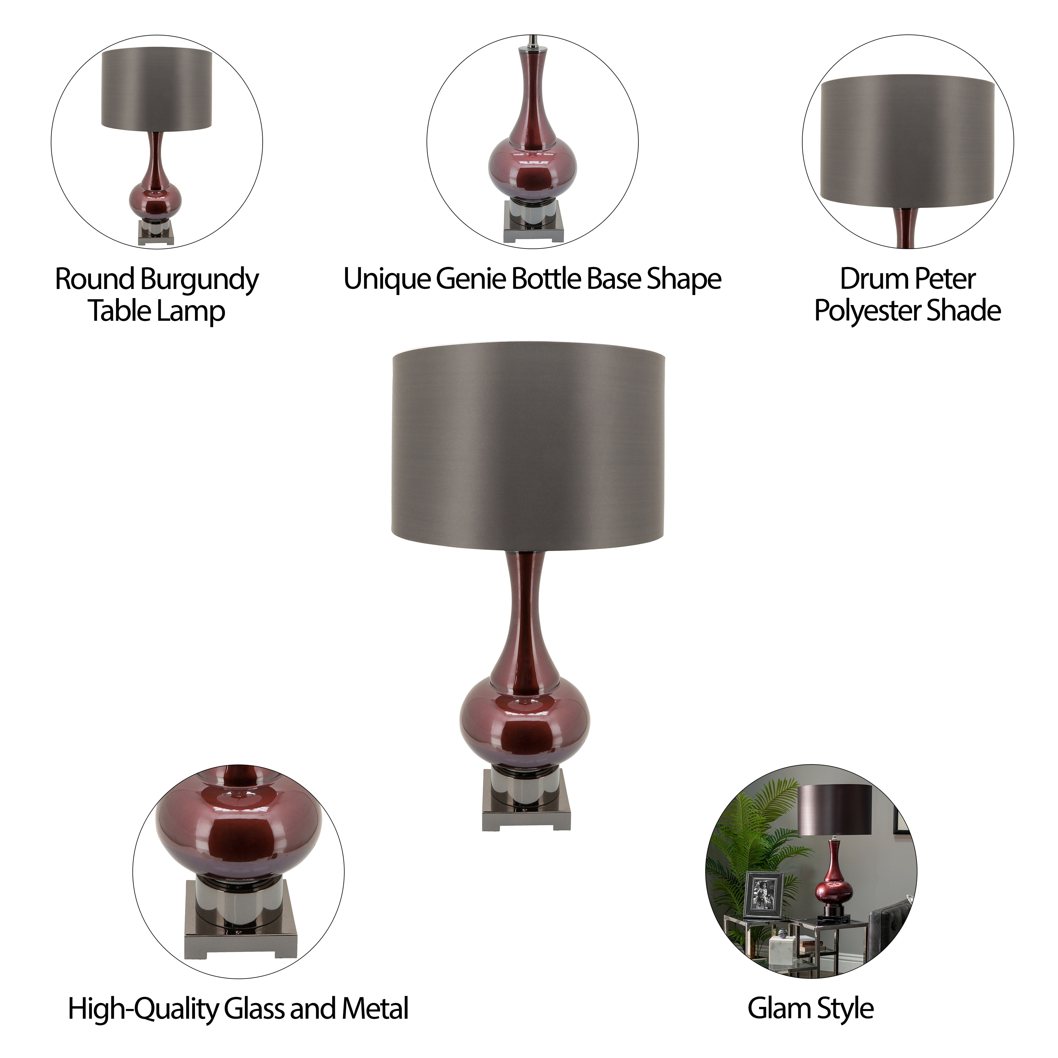 Sagebrook Home Glass Genie Bottle Table Lamp, Burgundy Metal