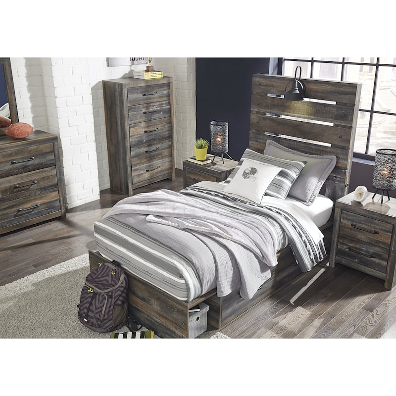 Drystan Rustic Brown Panel Bed with 2 Under Bed Storage Drawers