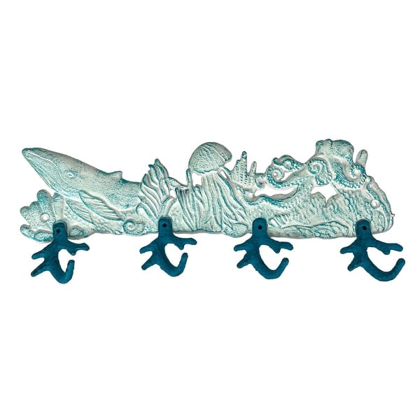 slide 2 of 10, Cast Iron Sealife Plaque With Coral Hooks - Coastal Wall Decor - 5.75 X 15.5 X 2 inches