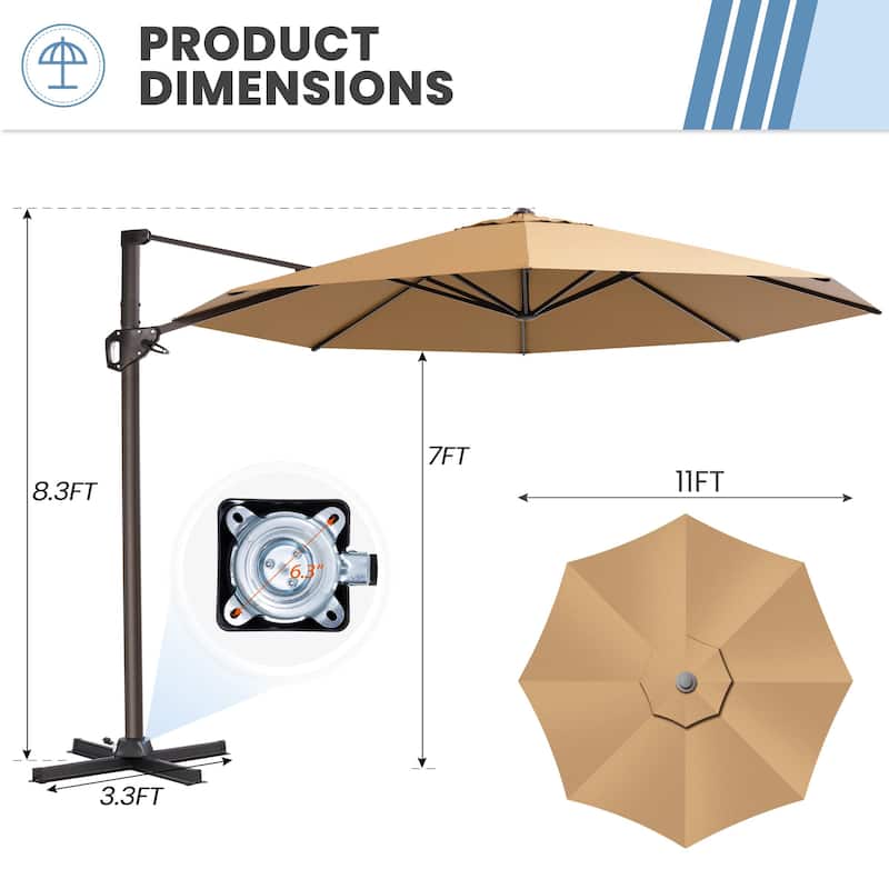 Outdoor 11 Ft Patio Cantilever Offset Umbrella with 360 Degree Rotation