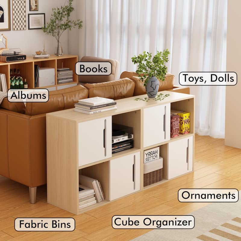 Light Wood 4 Cube Storage Organizer with Cabinet Doors