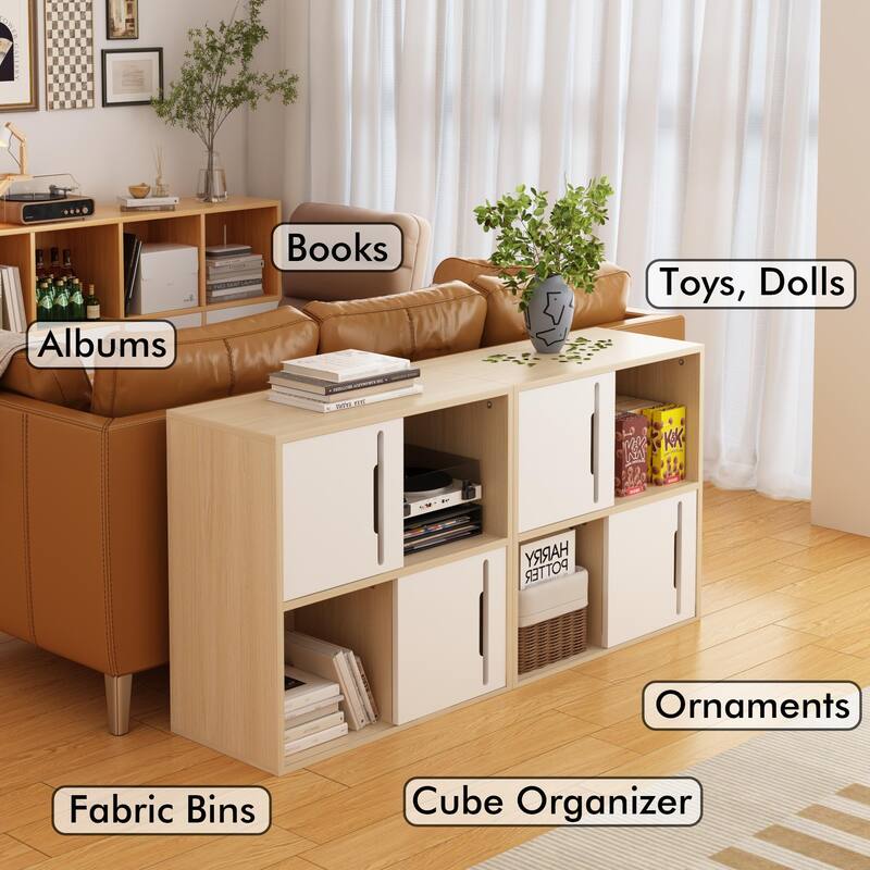 Modern Wooden Storage Cabinet with Sliding Doors, 2-Tier Open & Closed Shelves Organizer in Natural Wood and White
