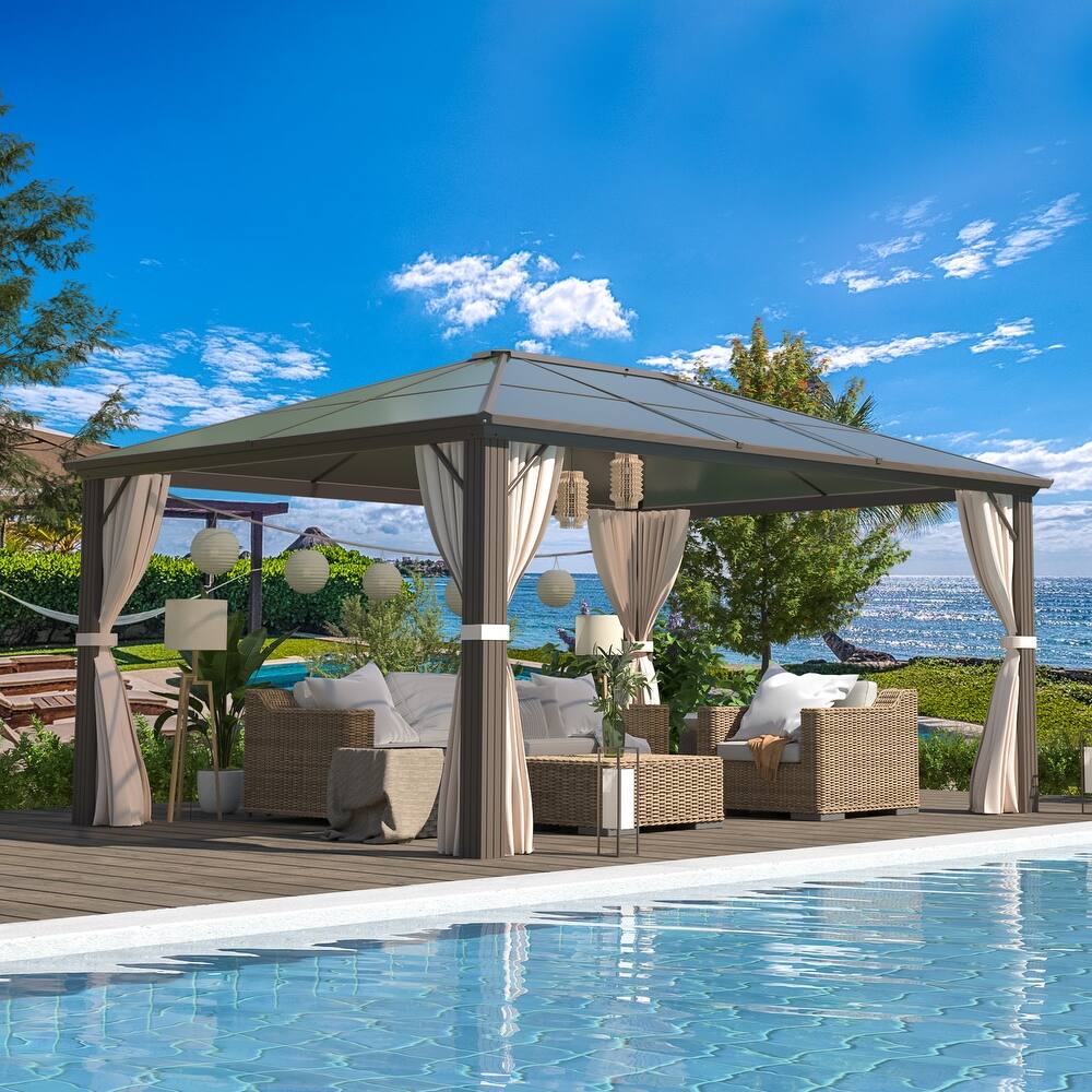 EROMMY 10x12 Outdoor Permanent Hardtop Pergola Gazebo, Featuring Premium Netting and Curtains