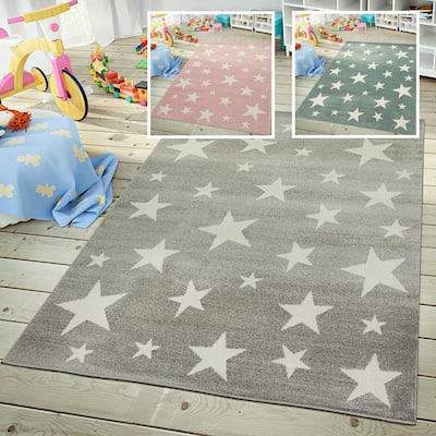 Kids Rug with Stars for Nursery Starry Sky in grey, pink and green