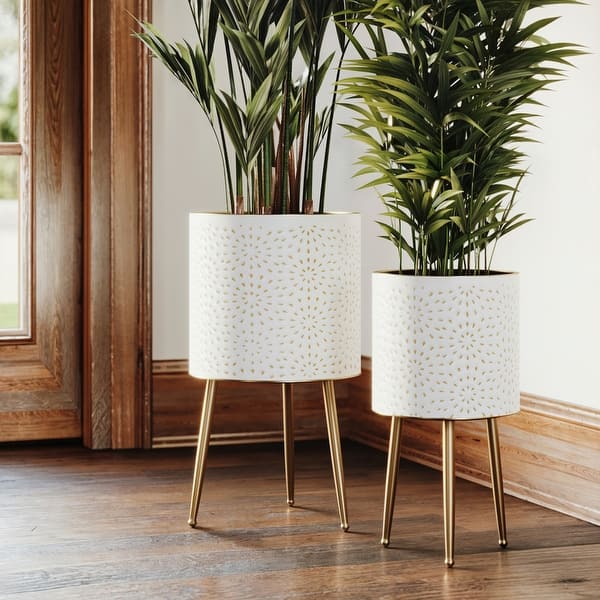 slide 2 of 4, 2-Piece Boho Metal Planter Pot With 3-Leg Gold Metal Base - White & Gold - 20"H x 10.5"W / 15.75"H x 8.5"W