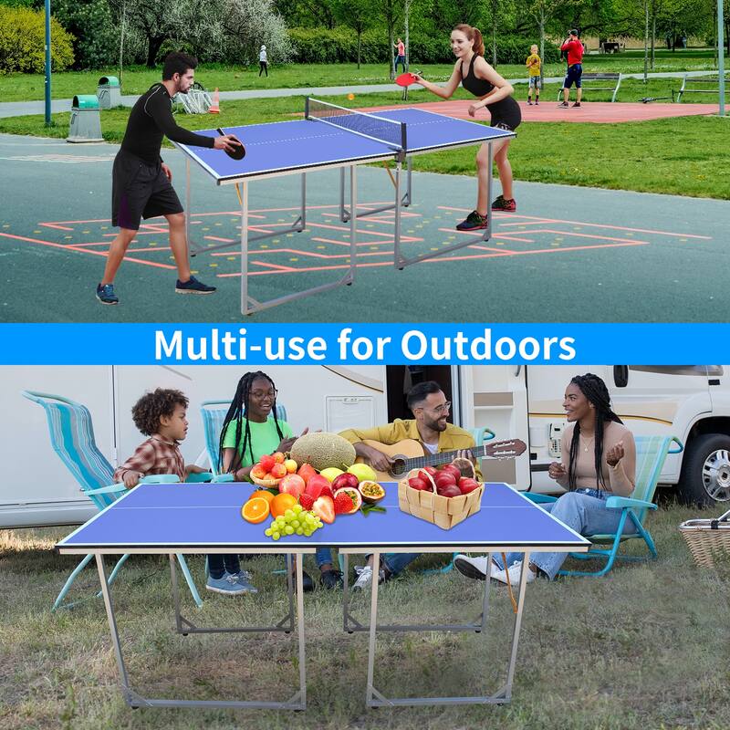 Roomfitters 6ft Mid-Size Table Tennis Table, Foldable and Portable, Includes Net, 2 Paddles and 3 Balls, Indoor Outdoor, Blue