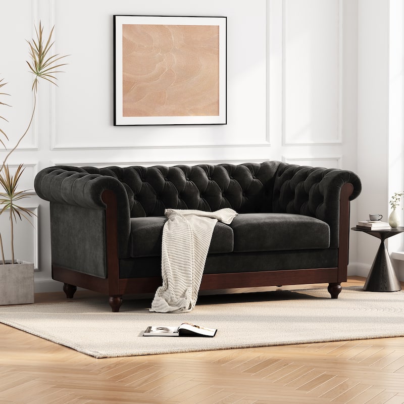 Velvet Loveseat Sofa, with Tufted Button Lounge Couch, Upholstered Sofa Couch 2-Person Rolled Armchair for Living Room - Black