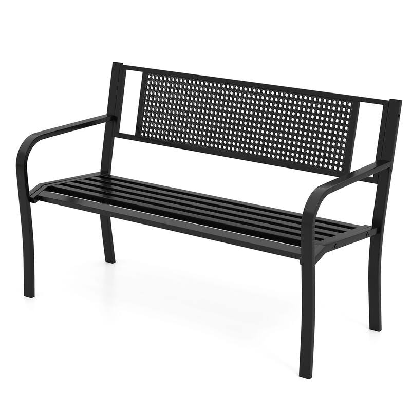 Black Metal Garden Bench with Patterned Backrest and Curved Armrests - 50" L × 23" W × 32" H - Black