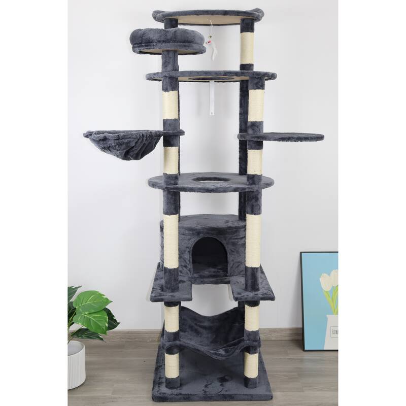 78 In Dark Gray Cat Tree Tower With Large Condo Sisal Scratching Post Big Hammock And Top Platform