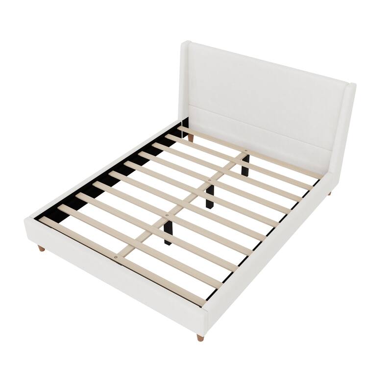 Velvet Upholstered Wingback Bed Frame with Headboard and Walnut Wooden Legs, No Box Spring Needed Low Profile Platform Bed