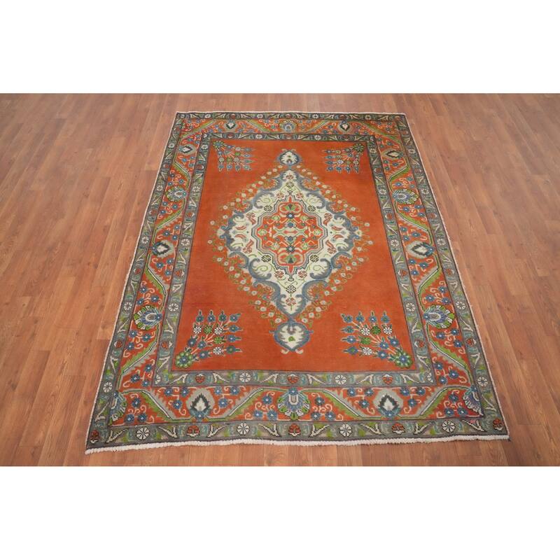 Hand Knotted Oriental 100% Wool Carpet Traditional Medallion Oranges & Rust Tabriz Area Rug - 6' 3'' X 4' 10''