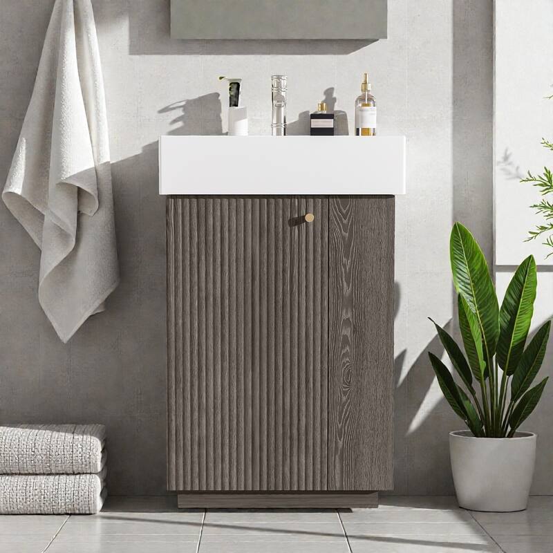 21.6" Bathroom Vanity with Ceramic Sink, Freestanding Left Door Wood Grain Cabinet with Open Storage - Dark Grey