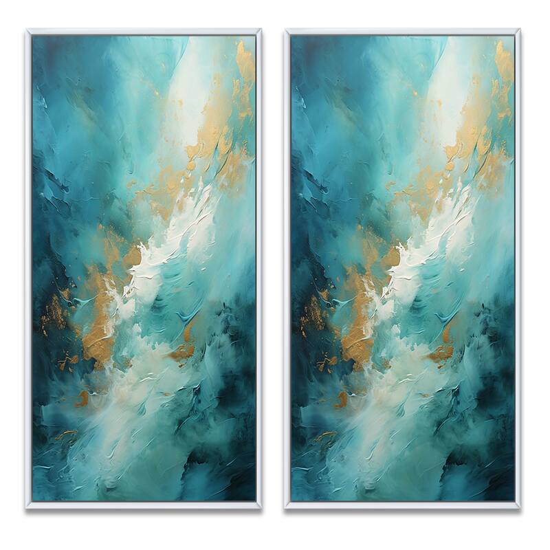 Designart "Turquoise Tranquility" Abstract Landscapes Framed Wall Art Set Of 2 - Green Gallery Set For Office Decor