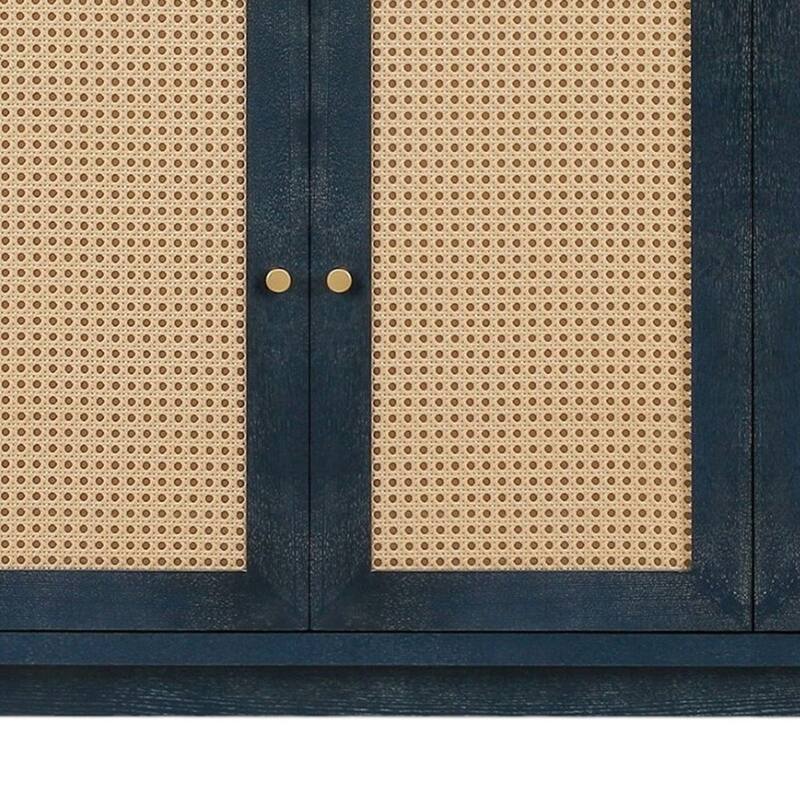 HomeRoots 60" Blue Wood And Rattan Distressed Sideboard with Four Doors - 59.8' X '32.3' X '15.6