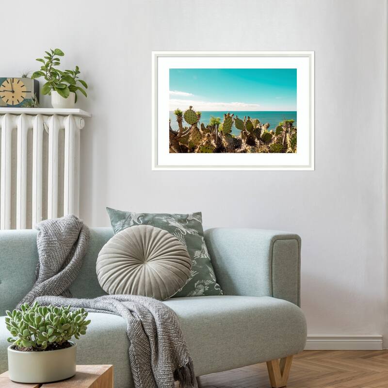 Cactuses Admiring the Ocean by Elena Chukhlebova Wood Framed Wall Art Print - Lucie White