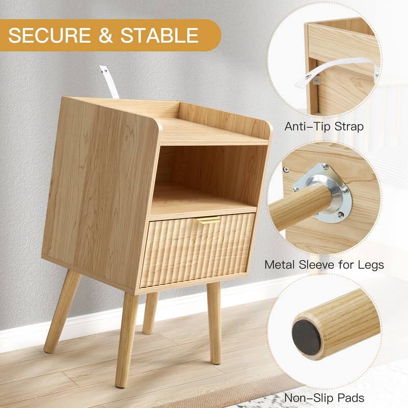 Modern Fluted Nightstand Set of 2 with USB Charging Station, Drawer and Open Storage Shelf