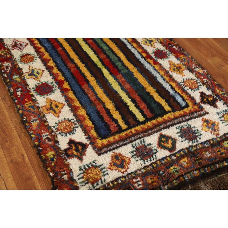 Hand Knotted Oriental 100% Wool Carpet Modern Geometric Multi-Colored Gabbeh Runner Rug - 11' 11'' X 3' 7''