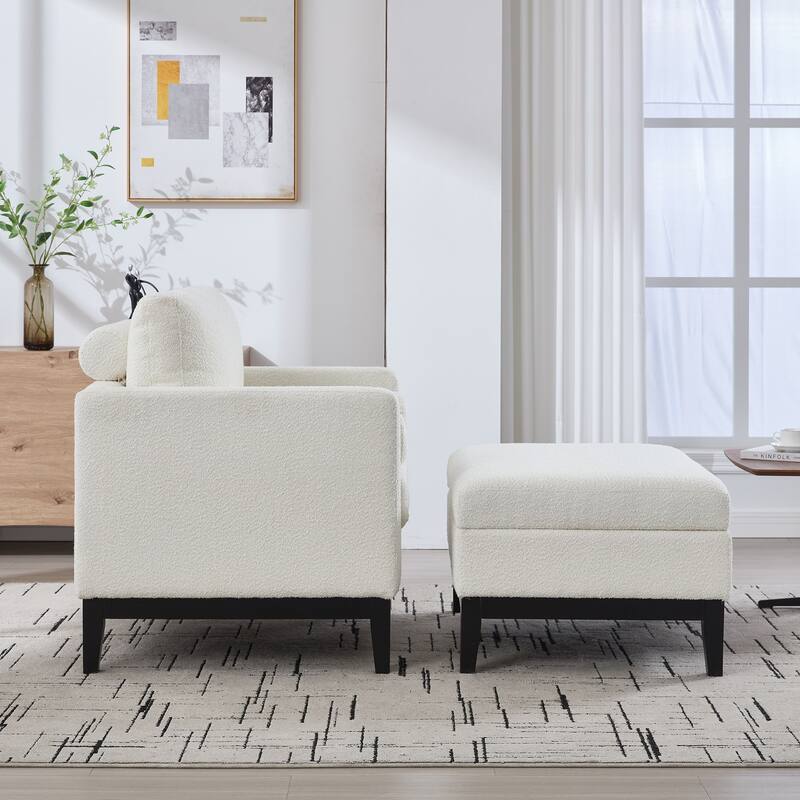 Roomfitters Boucle Accent Chair with Ottoman, Farmhouse Armchair and Reversible Lid Coffee Table Set for Living Room or Lounge