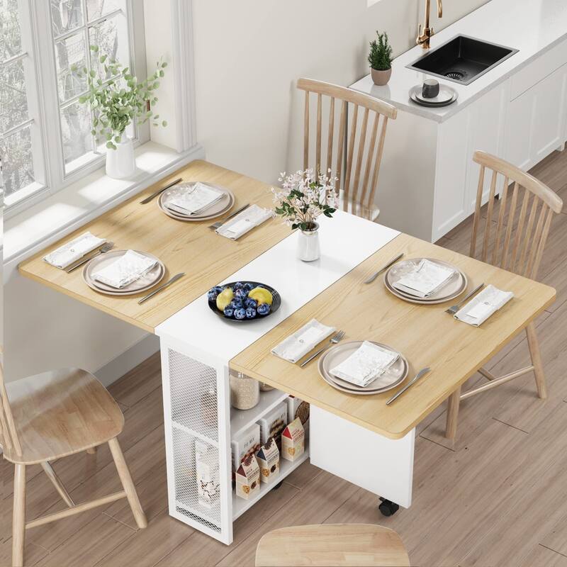 Folding Dining Table with 2 Tier Storage - Wood