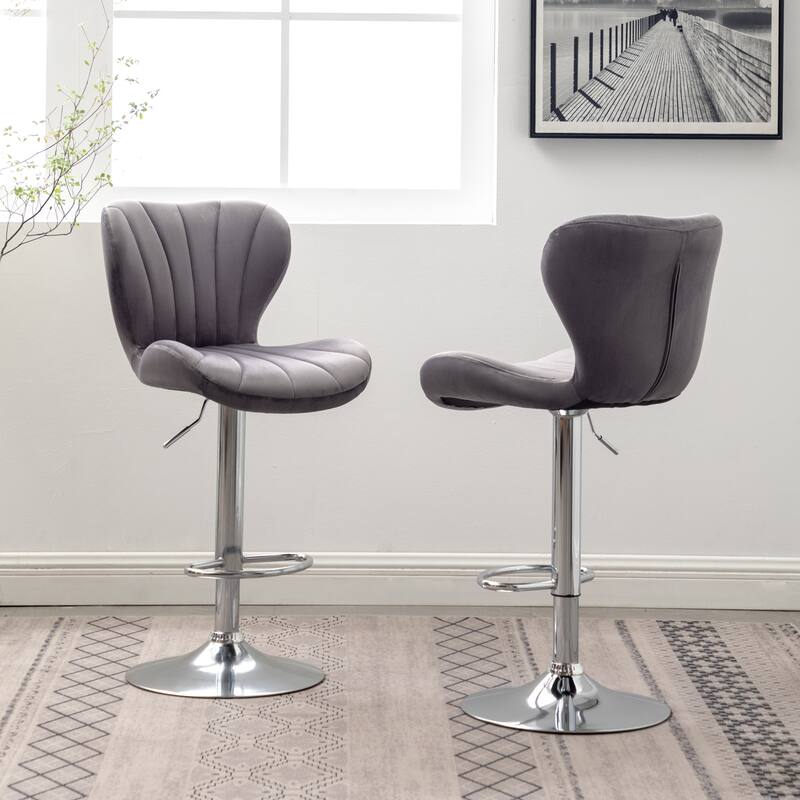 Set of 2 Adjustable Swivel Barstools with Upholstered Bucket Seats and Chrome Footrest.