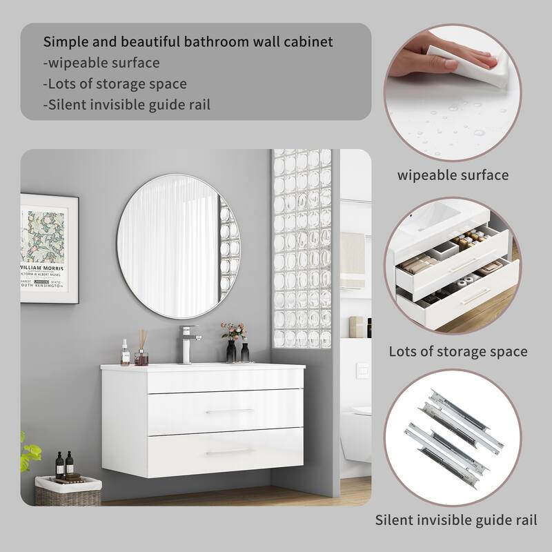 36-Inch White Gloss Wall-Mounted Bathroom Vanity with Double Drawers, Soft-Close System,Ceramic Sink,Long Metal Handle