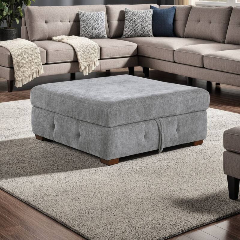 Rez Storage Ottoman, 40 Inch, Tufted Gray Chenille Cushion